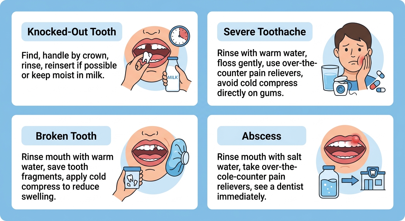 Infographic showing common dental emergencies in four panels: knocked-out tooth, severe toothache, broken tooth, abscess. Each panel has an icon, emergency type label, and first-aid step. Calming blue and white dental clinic colors.
